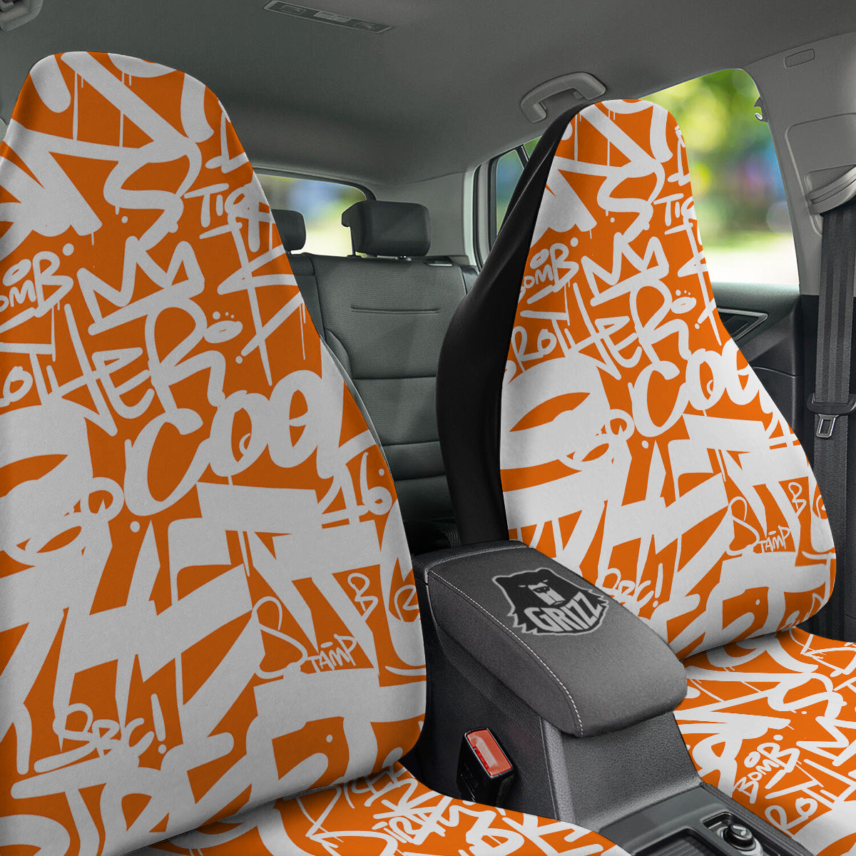 Orange Urban Graffiti Text Print Pattern Car Seat Covers-grizzshop