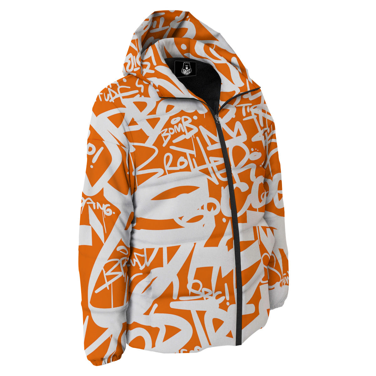 Orange Urban Graffiti Text Print Pattern Down Jacket-grizzshop