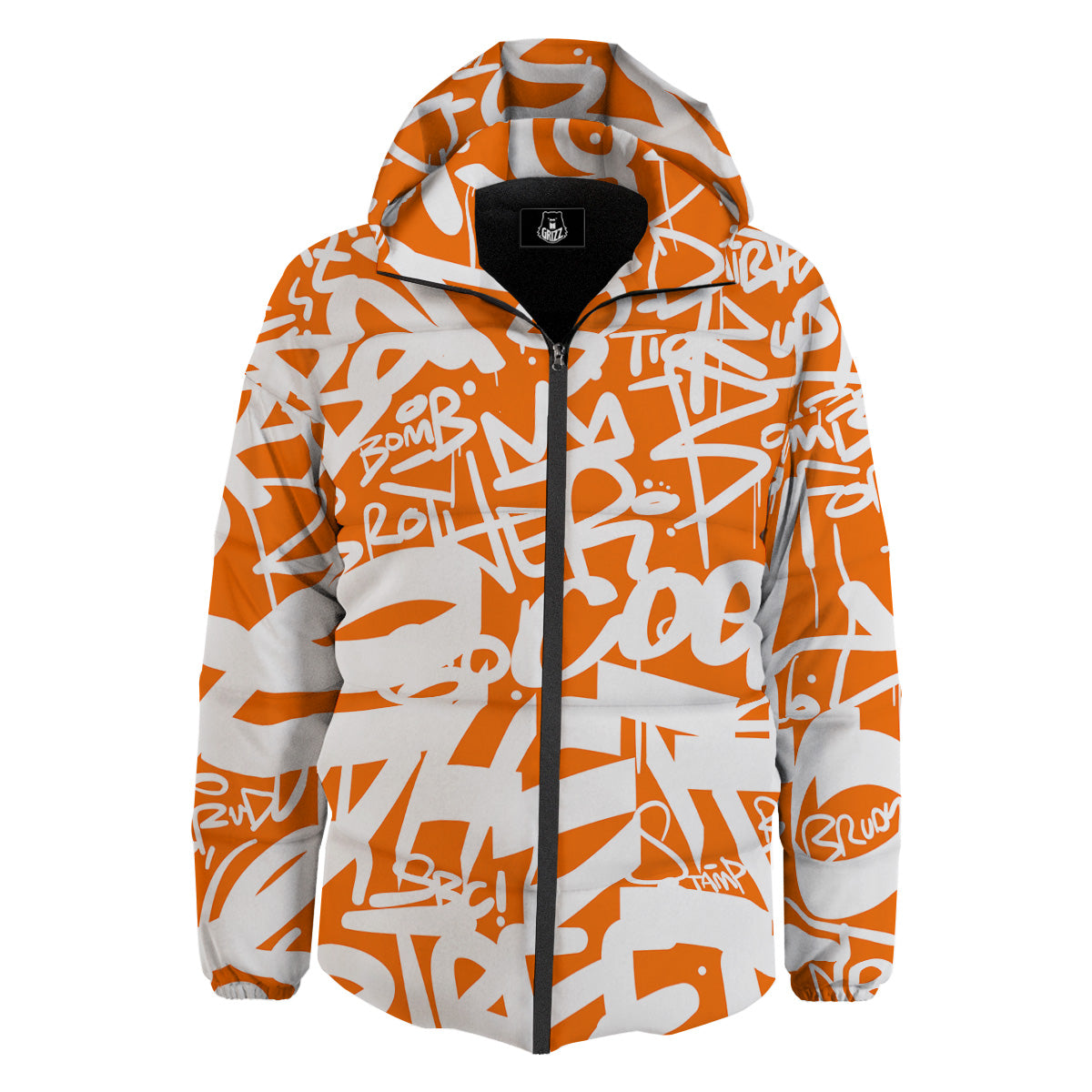 Orange Urban Graffiti Text Print Pattern Down Jacket-grizzshop