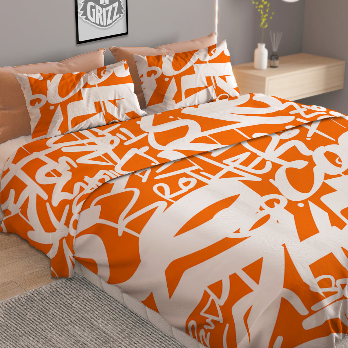 Orange Urban Graffiti Text Print Pattern Duvet Cover Bedding Set