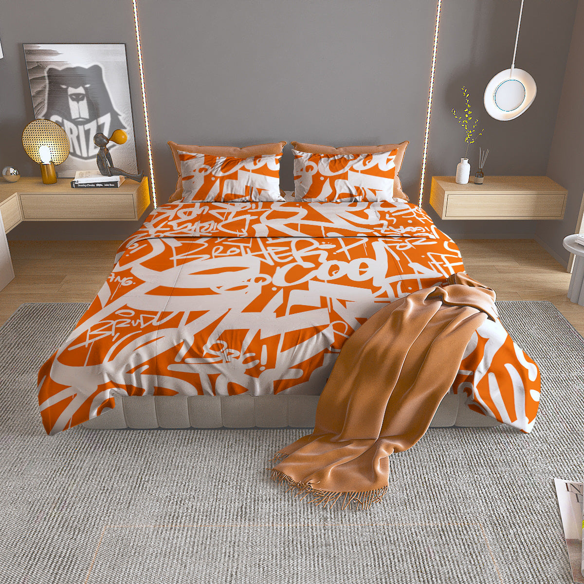 Orange Urban Graffiti Text Print Pattern Duvet Cover Bedding Set
