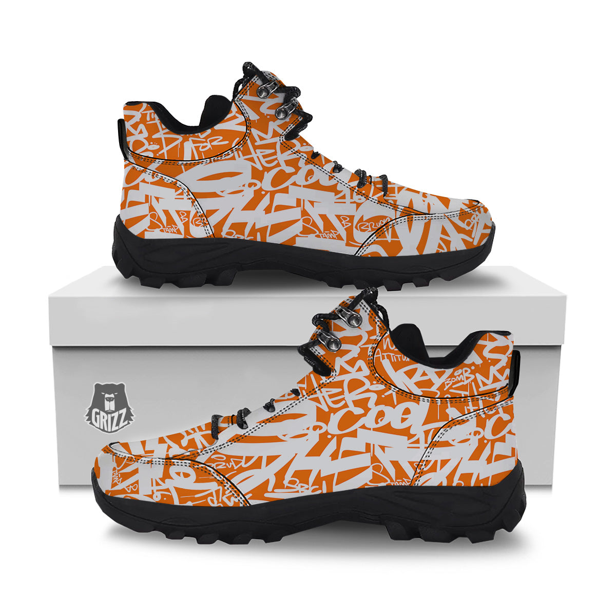 Orange Urban Graffiti Text Print Pattern Hiking Shoes-grizzshop