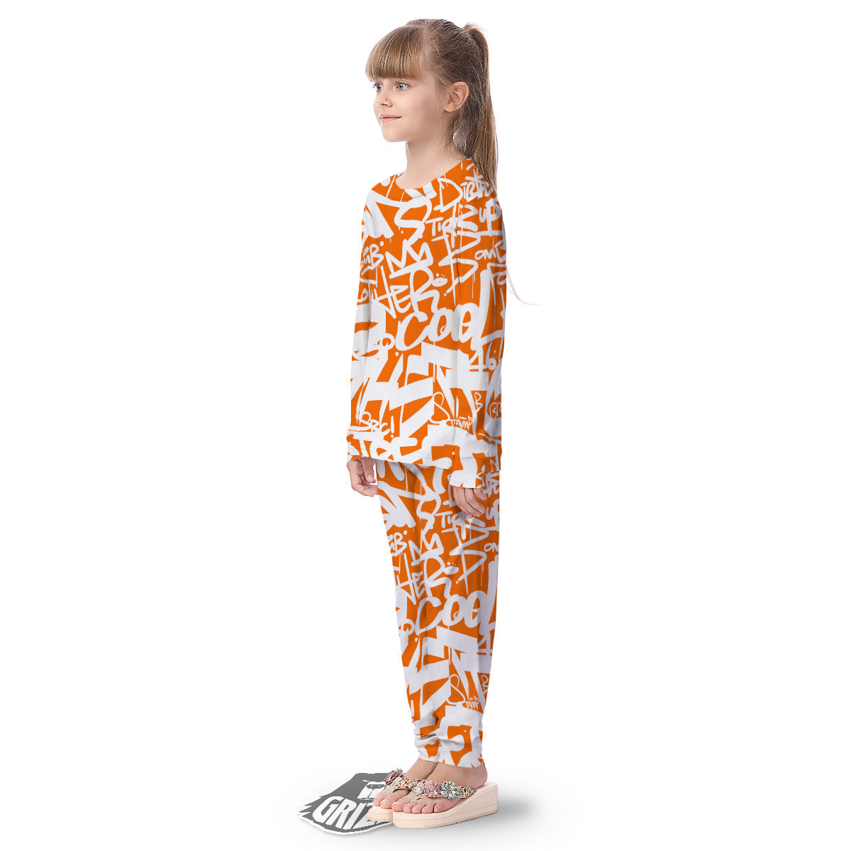 Orange Urban Graffiti Text Print Pattern Kid's Pajamas-grizzshop