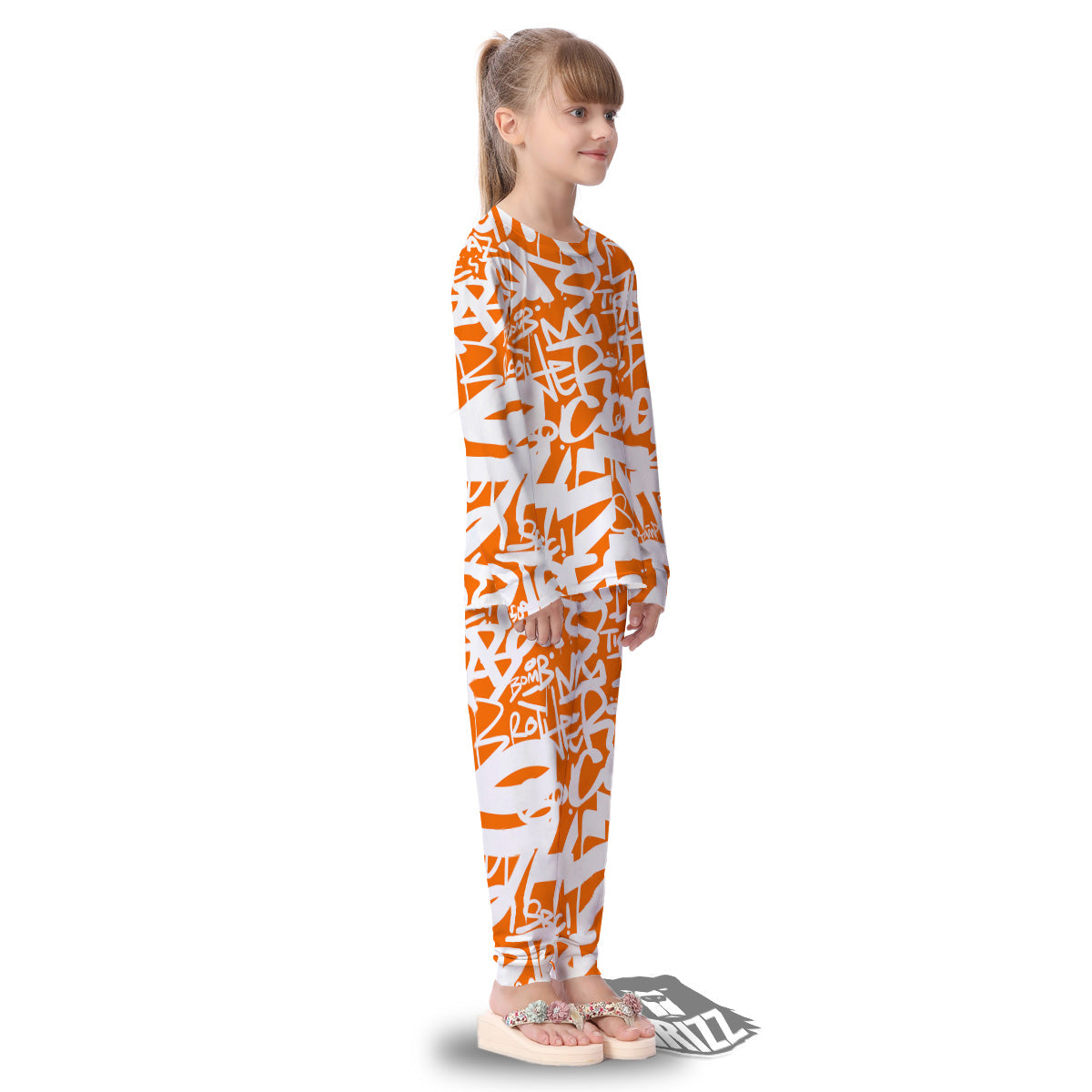 Orange Urban Graffiti Text Print Pattern Kid's Pajamas-grizzshop