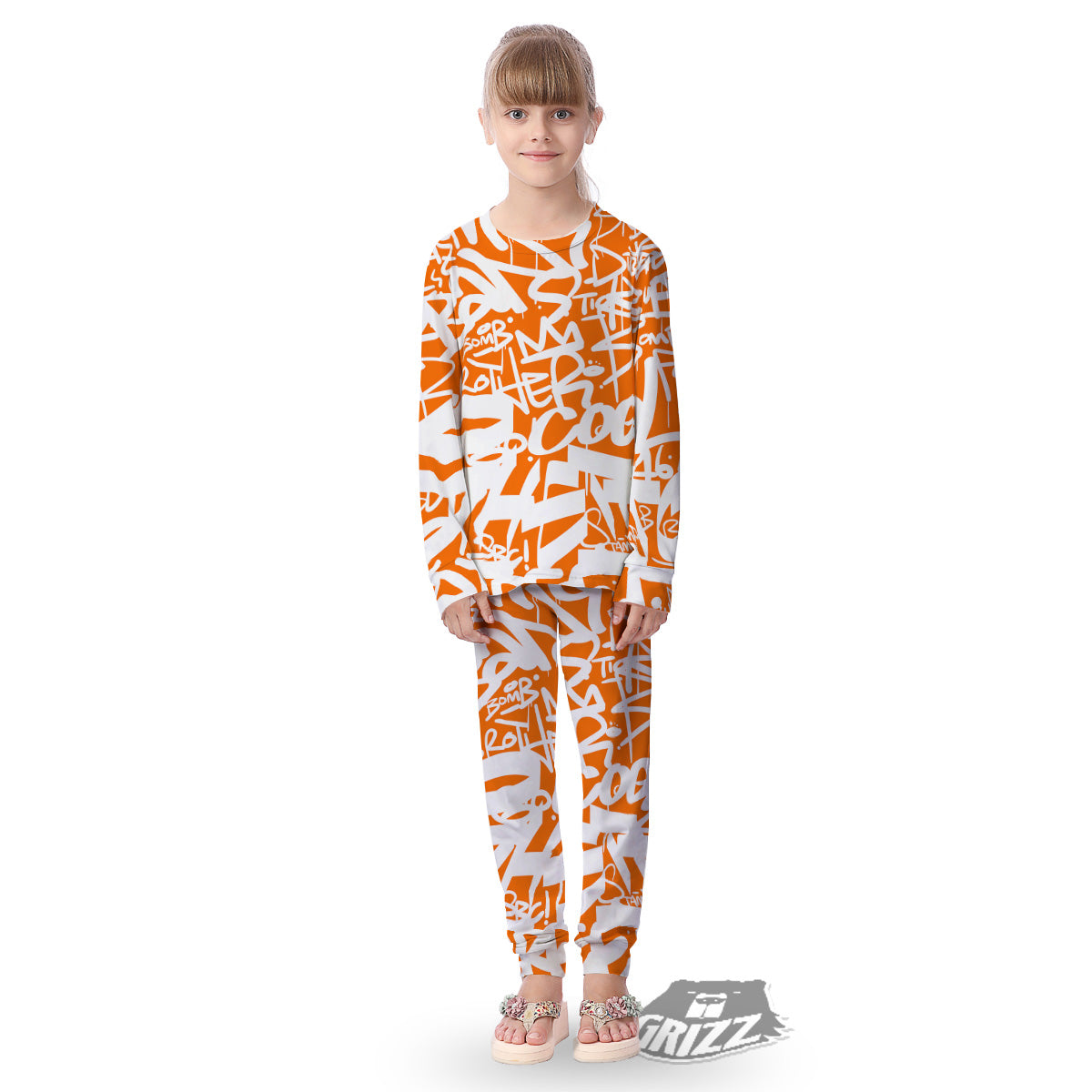 Orange Urban Graffiti Text Print Pattern Kid's Pajamas-grizzshop