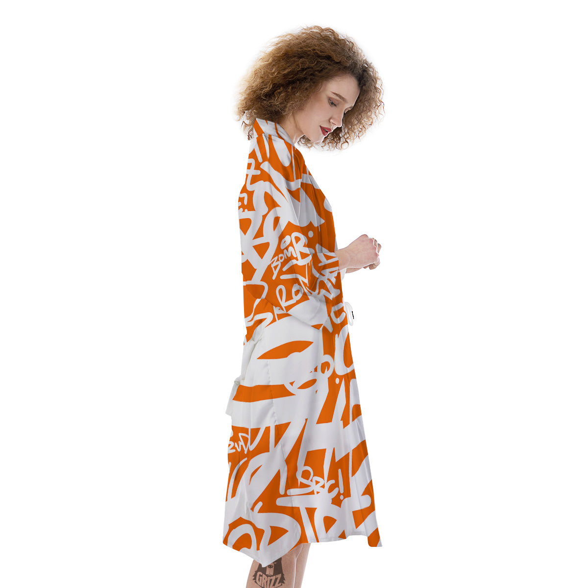 Orange Urban Graffiti Text Print Pattern Kimono-grizzshop