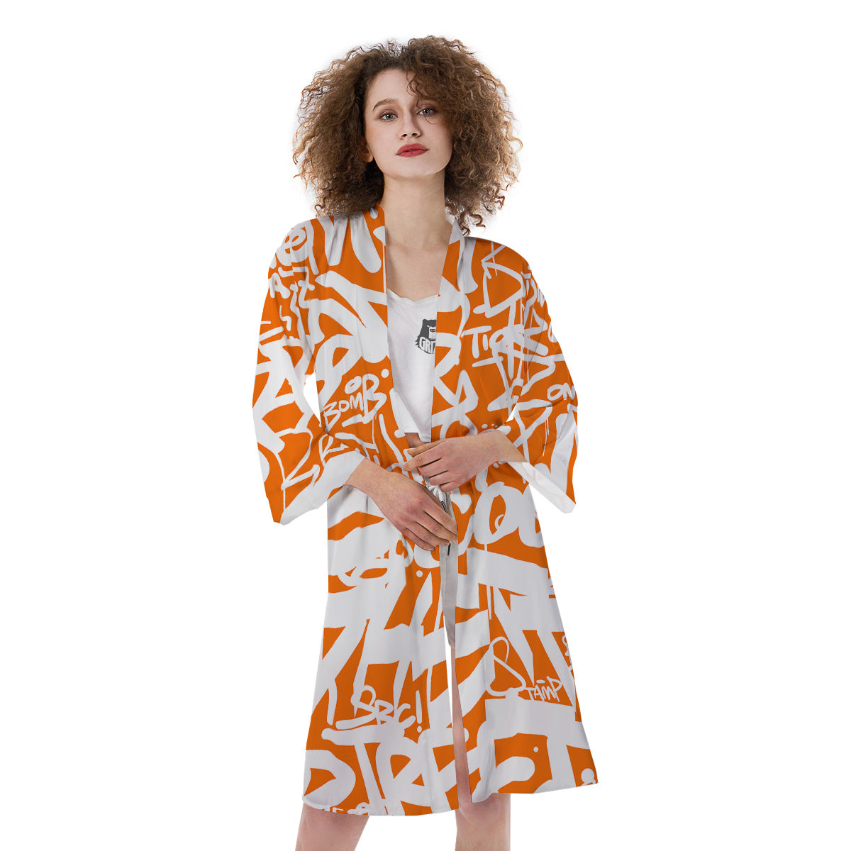 Orange Urban Graffiti Text Print Pattern Kimono-grizzshop