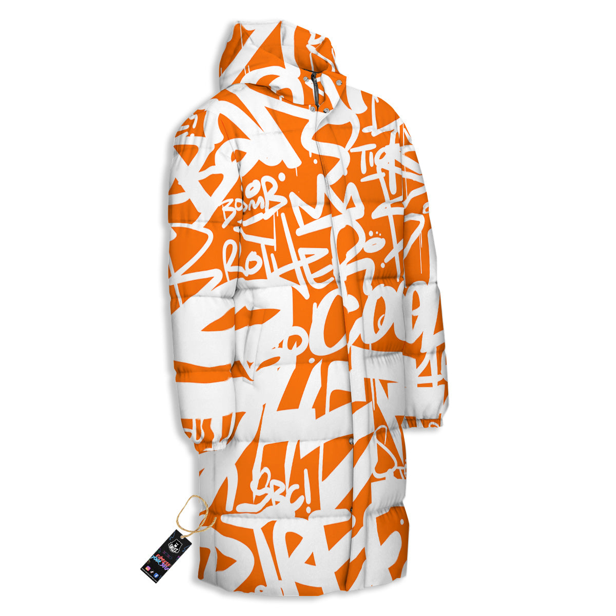 Orange Urban Graffiti Text Print Pattern Long Down Jacket-grizzshop