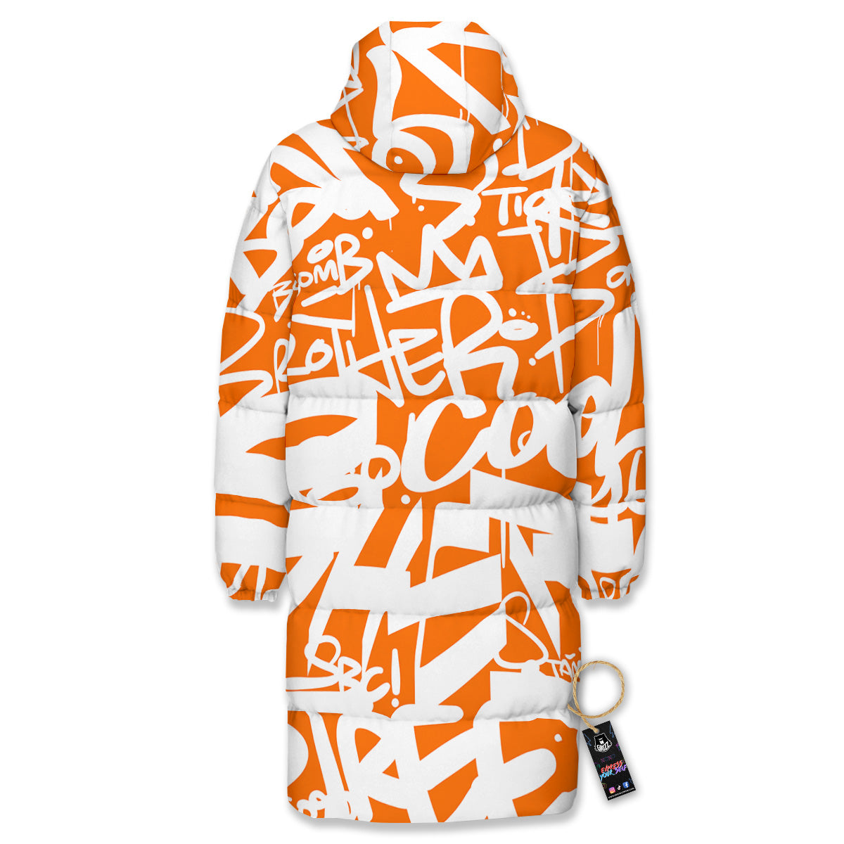Orange Urban Graffiti Text Print Pattern Long Down Jacket-grizzshop