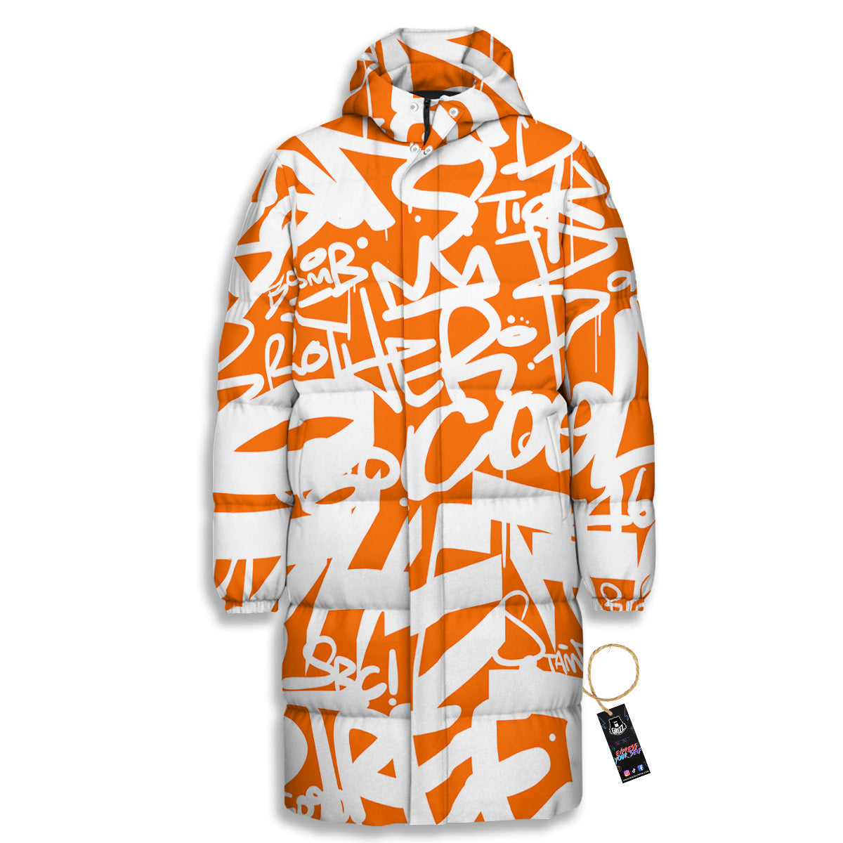 Orange Urban Graffiti Text Print Pattern Long Down Jacket-grizzshop