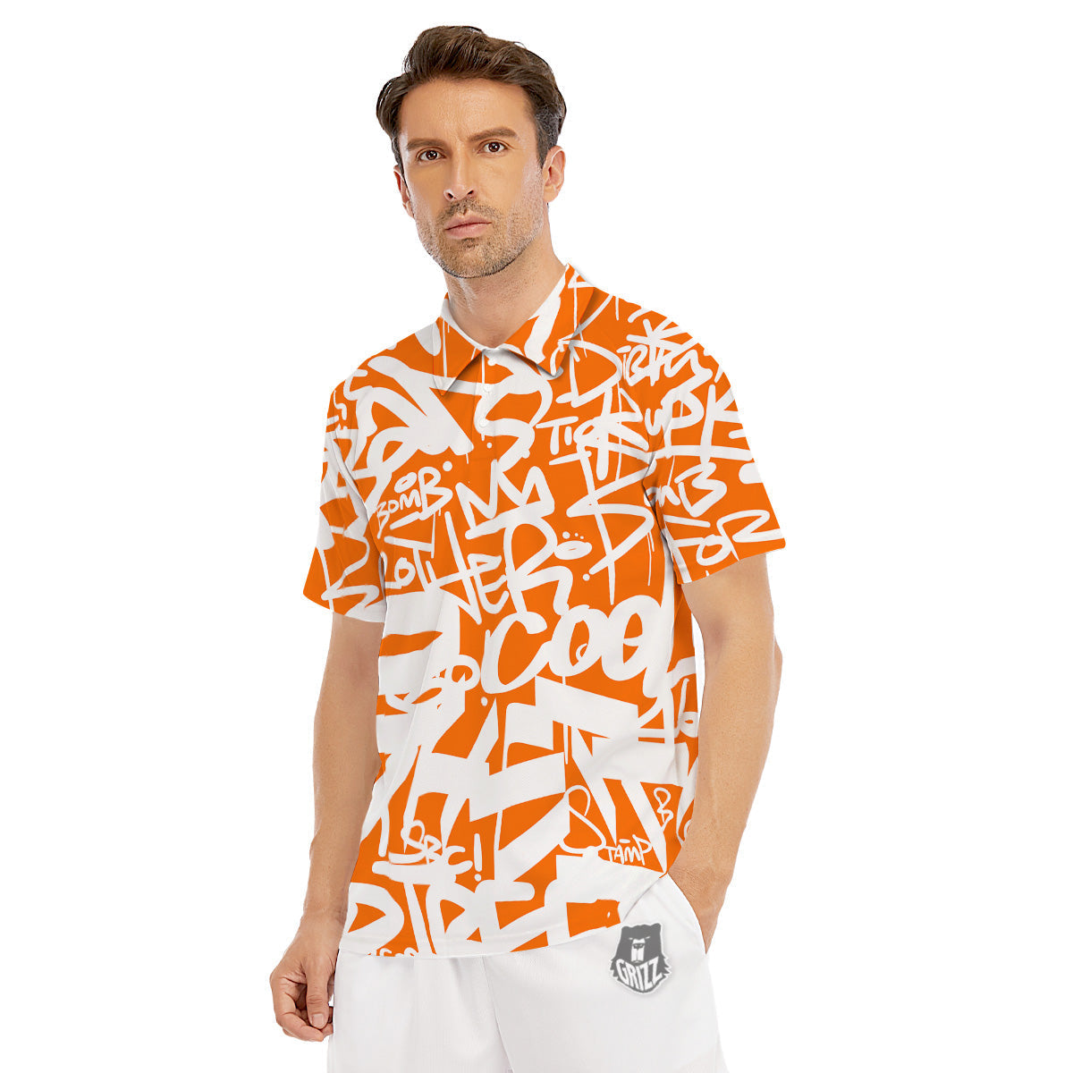 Orange Urban Graffiti Text Print Pattern Men's Golf Shirts-grizzshop