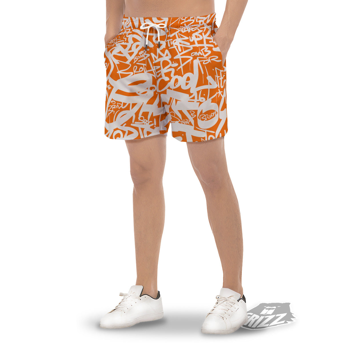 Orange Urban Graffiti Text Print Pattern Men's Gym Shorts-grizzshop