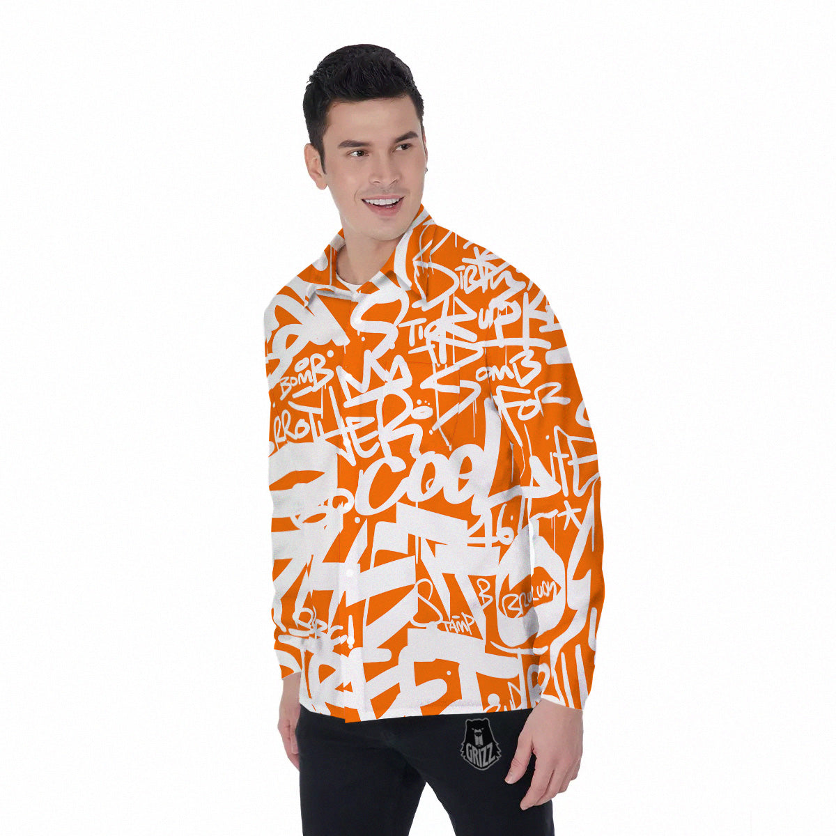 Orange Urban Graffiti Text Print Pattern Men's Long Sleeve Shirts-grizzshop