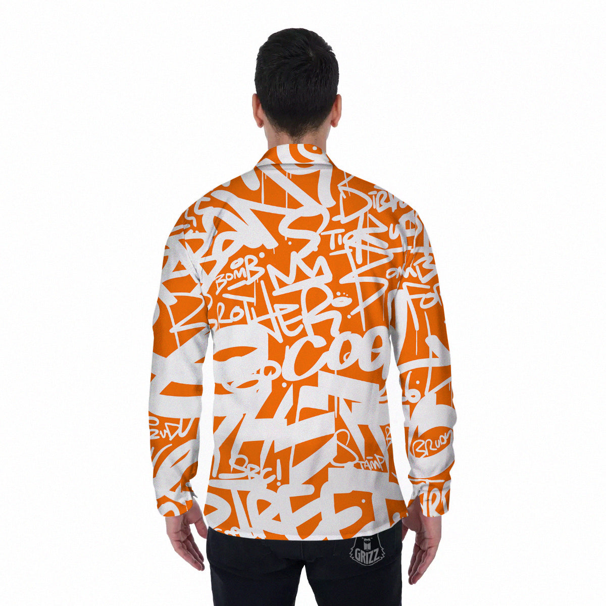 Orange Urban Graffiti Text Print Pattern Men's Long Sleeve Shirts-grizzshop