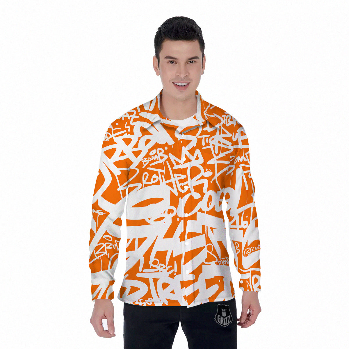 Orange Urban Graffiti Text Print Pattern Men's Long Sleeve Shirts-grizzshop