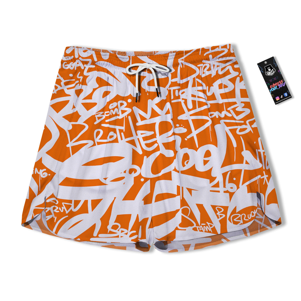 Orange Urban Graffiti Text Print Pattern Men's Running Shorts-grizzshop