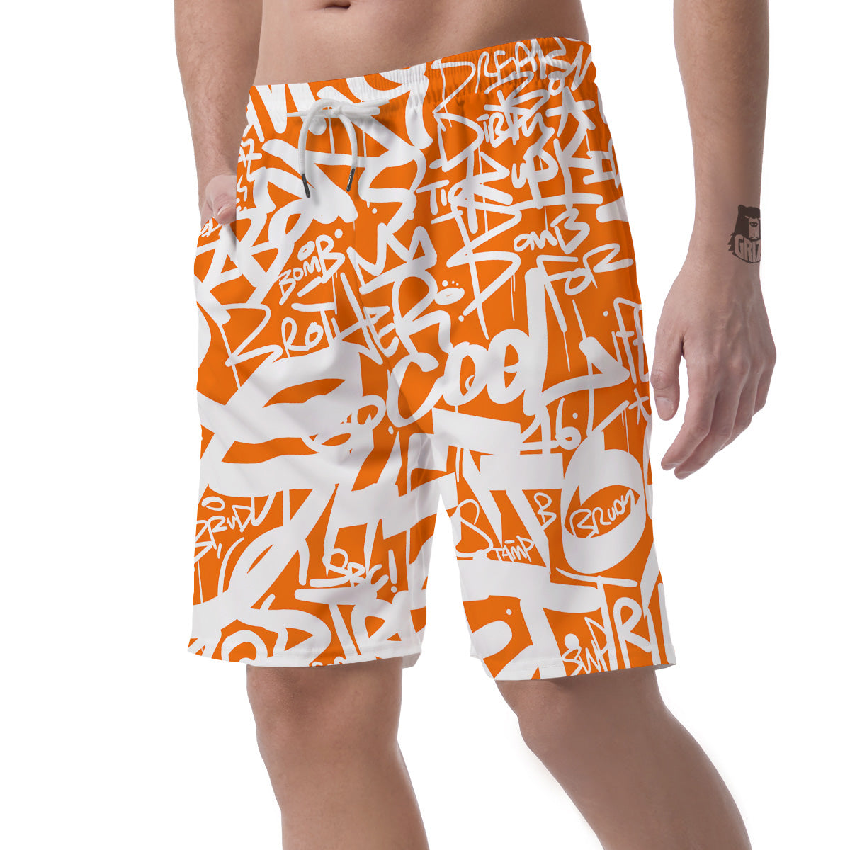 Orange Urban Graffiti Text Print Pattern Men's Shorts-grizzshop