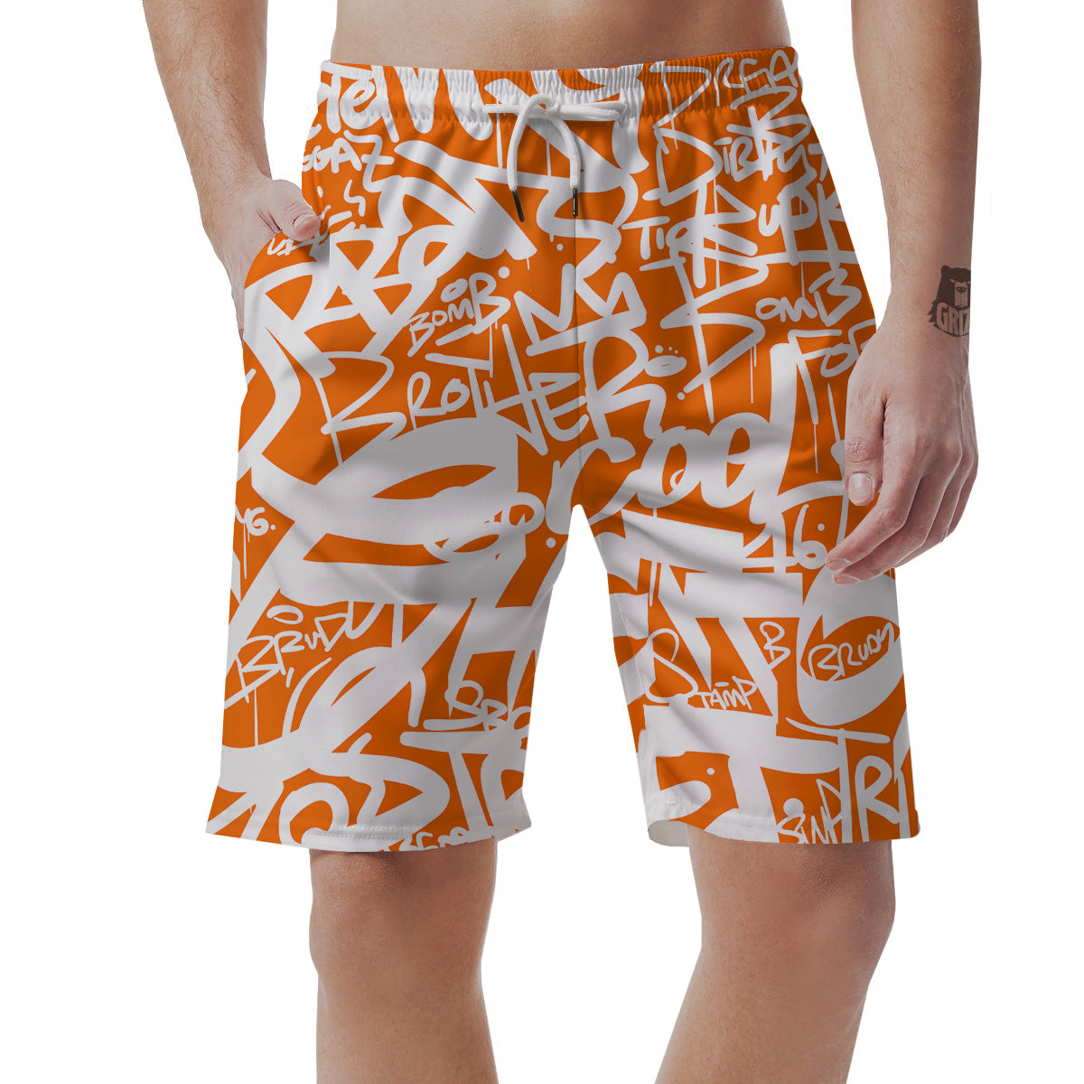 Orange Urban Graffiti Text Print Pattern Men's Shorts-grizzshop