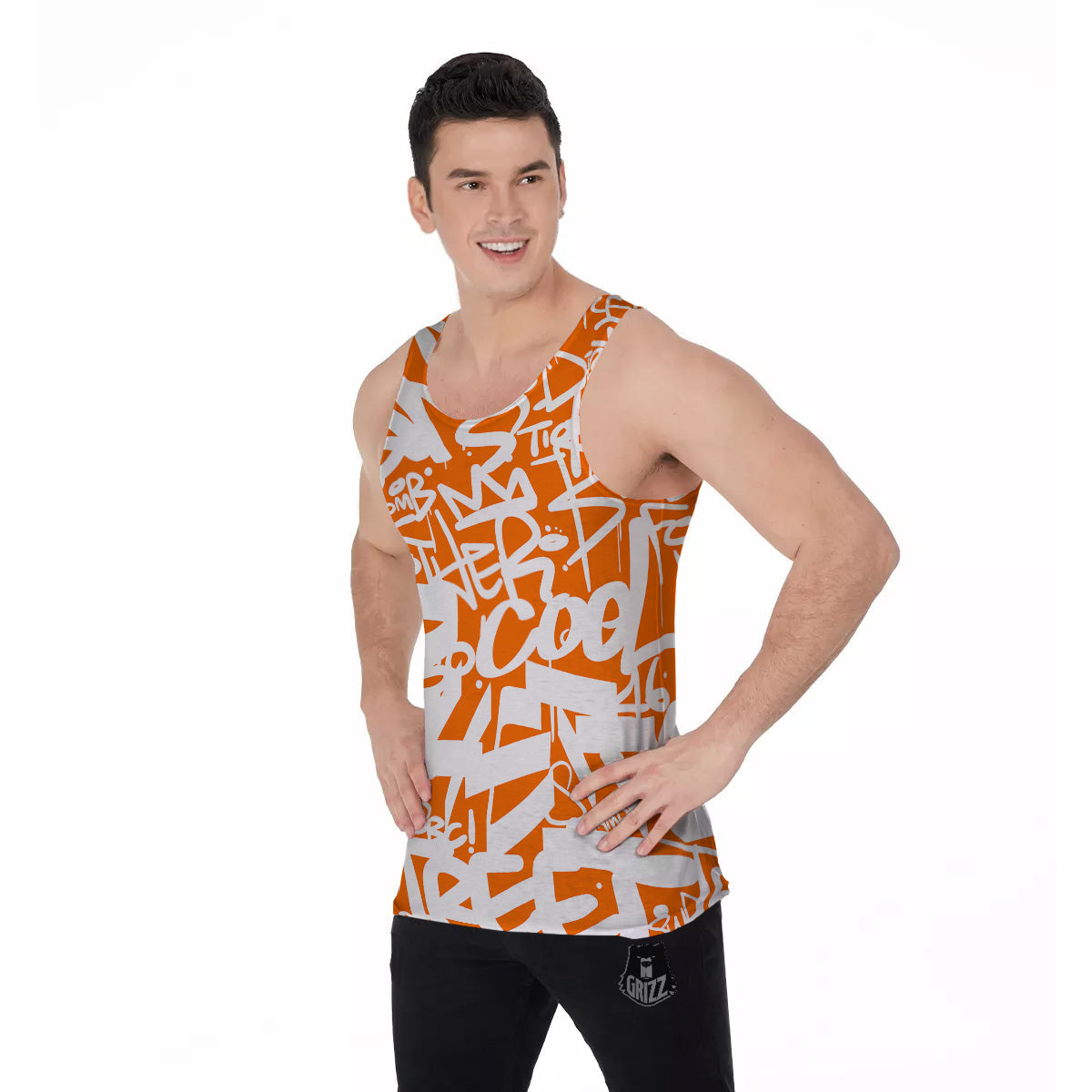 Orange Urban Graffiti Text Print Pattern Men's Tank Top-grizzshop