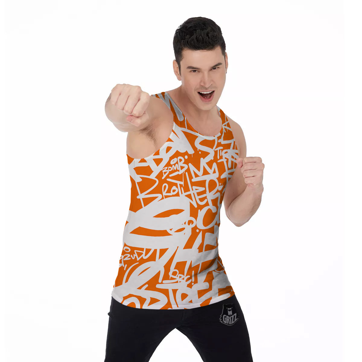 Orange Urban Graffiti Text Print Pattern Men's Tank Top-grizzshop