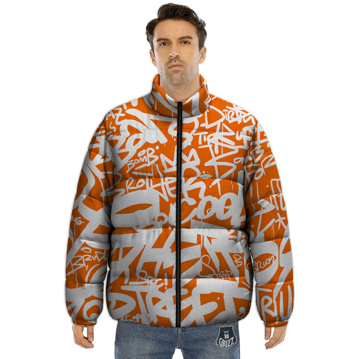 Orange Urban Graffiti Text Print Pattern Puffer Jacket-grizzshop