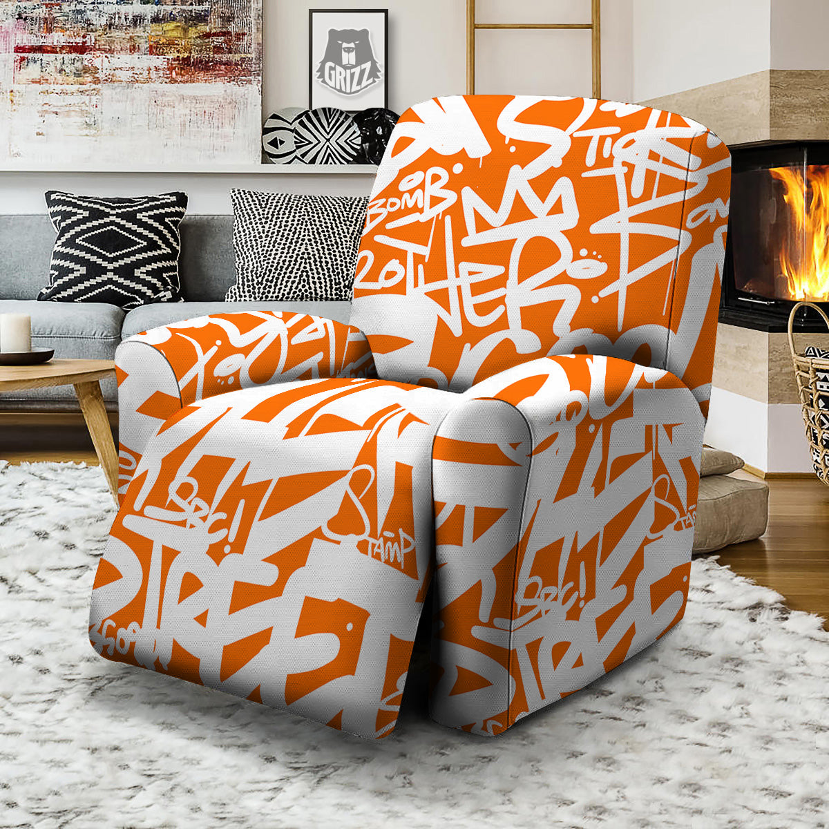 Orange Urban Graffiti Text Print Pattern Recliner Slipcover-grizzshop