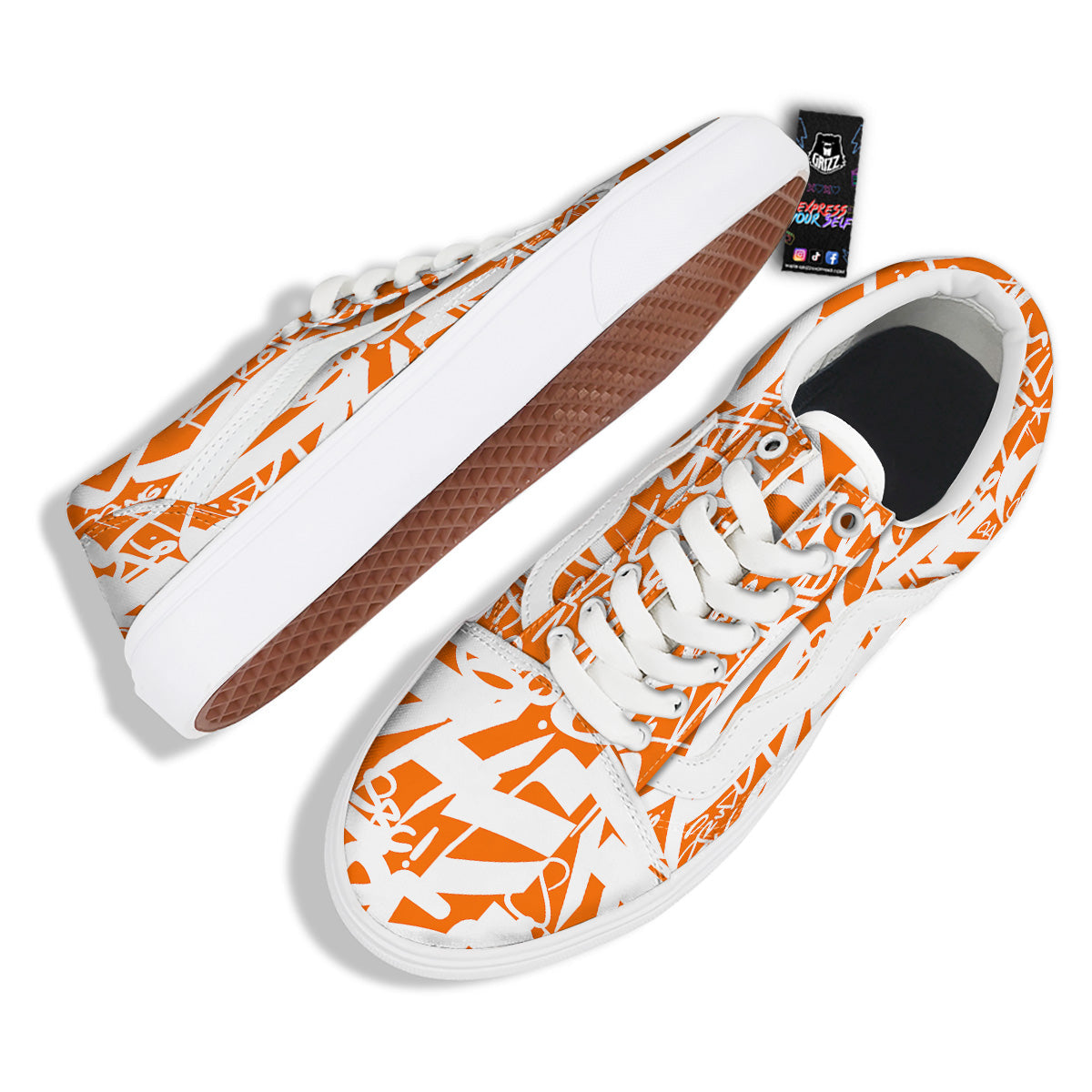 Orange Urban Graffiti Text Print Pattern Skate Shoes-grizzshop