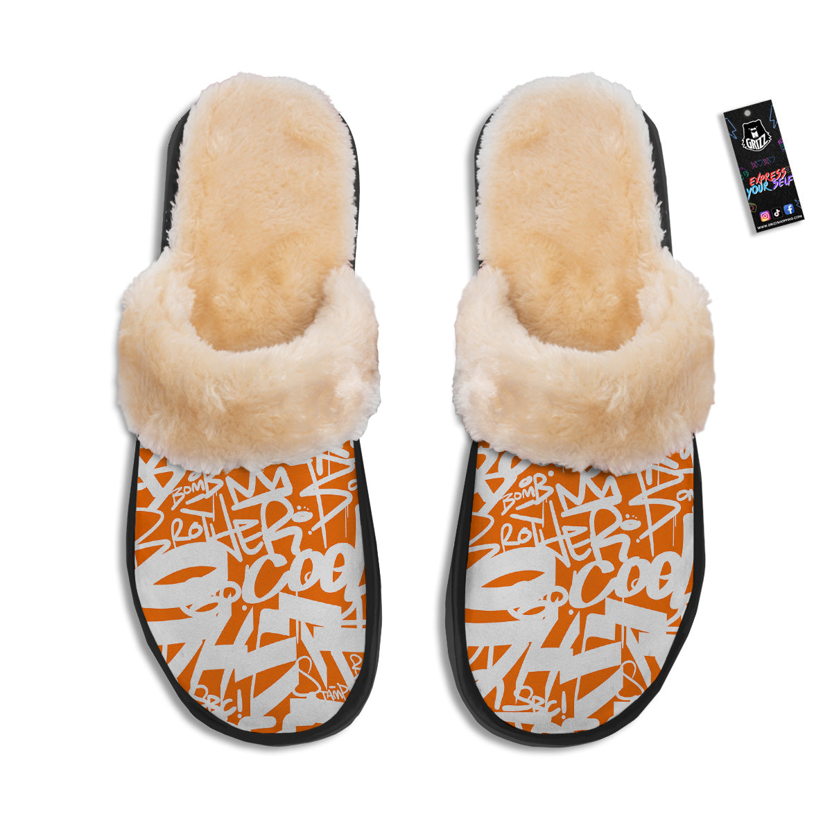 Orange Urban Graffiti Text Print Pattern Slippers-grizzshop