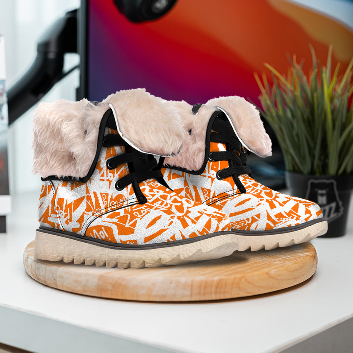 Orange Urban Graffiti Text Print Pattern Snow Boots-grizzshop