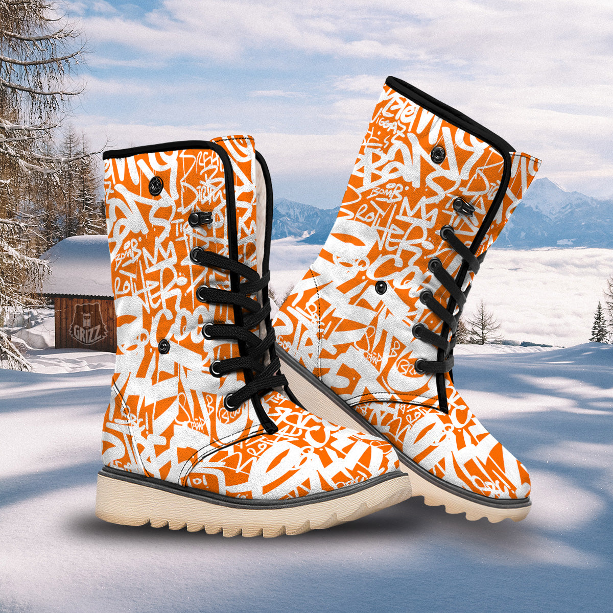 Orange Urban Graffiti Text Print Pattern Snow Boots-grizzshop