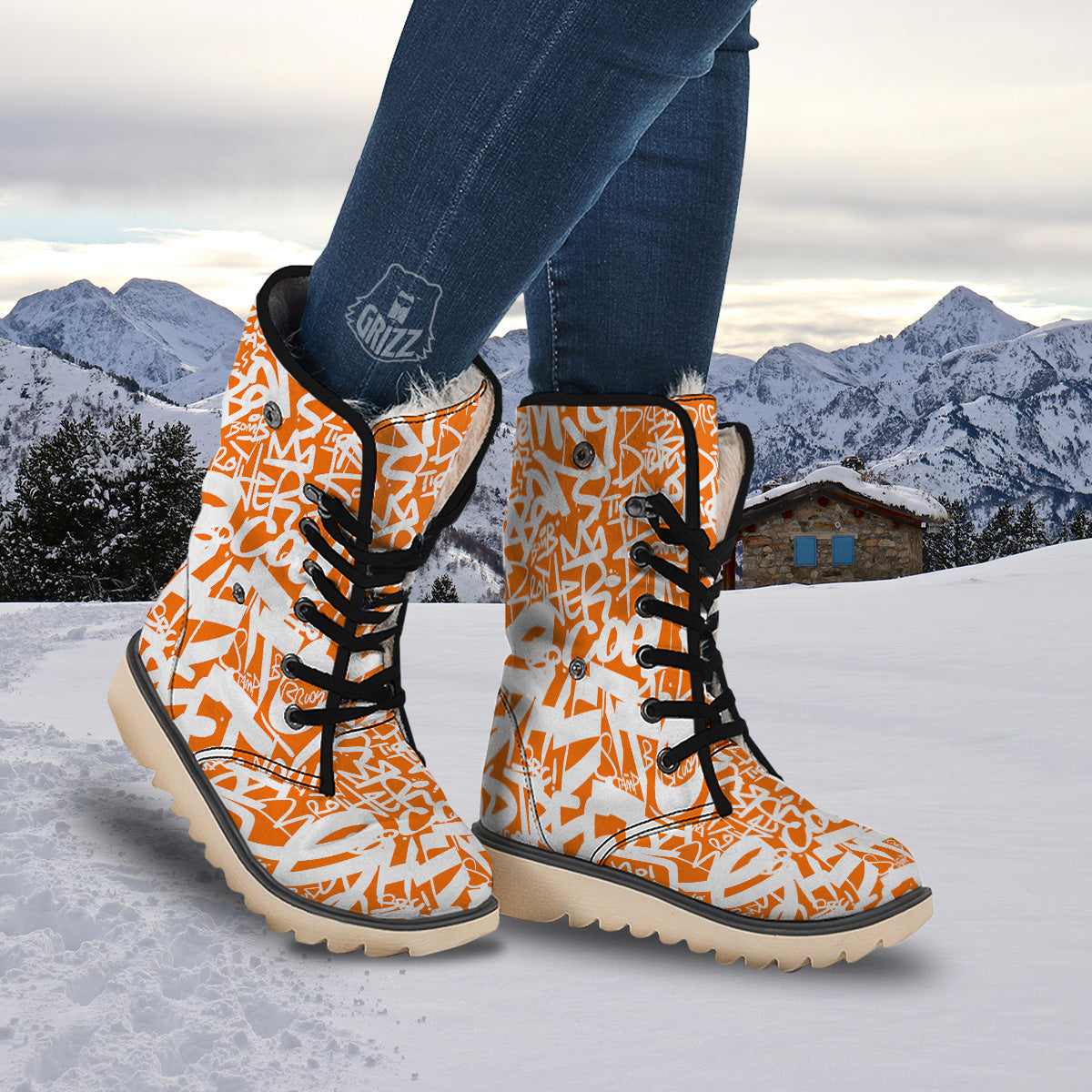 Orange Urban Graffiti Text Print Pattern Snow Boots-grizzshop