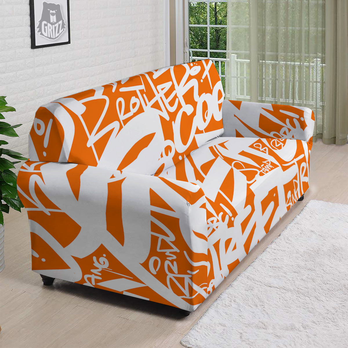 Orange Urban Graffiti Text Print Pattern Sofa Cover-grizzshop