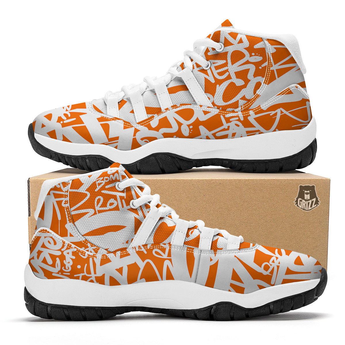 Orange Urban Graffiti Text Print Pattern White Bball Shoes-grizzshop