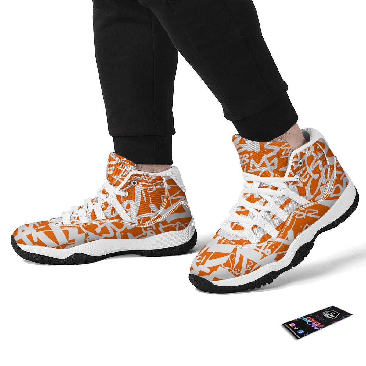 Orange Urban Graffiti Text Print Pattern White Bball Shoes-grizzshop