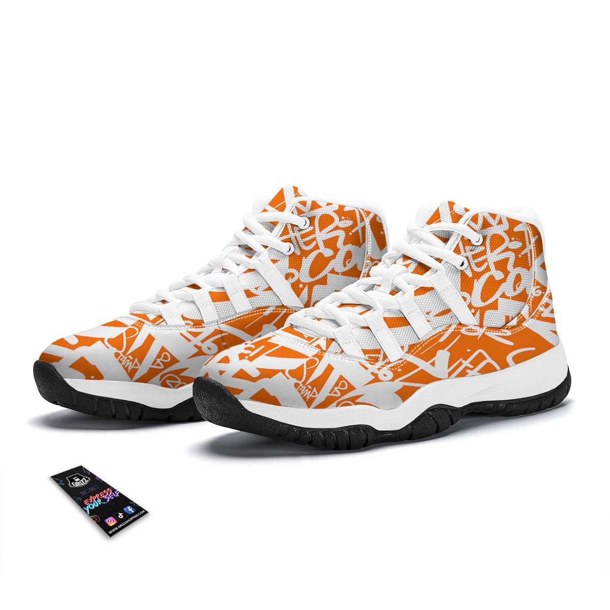 Orange Urban Graffiti Text Print Pattern White Bball Shoes-grizzshop