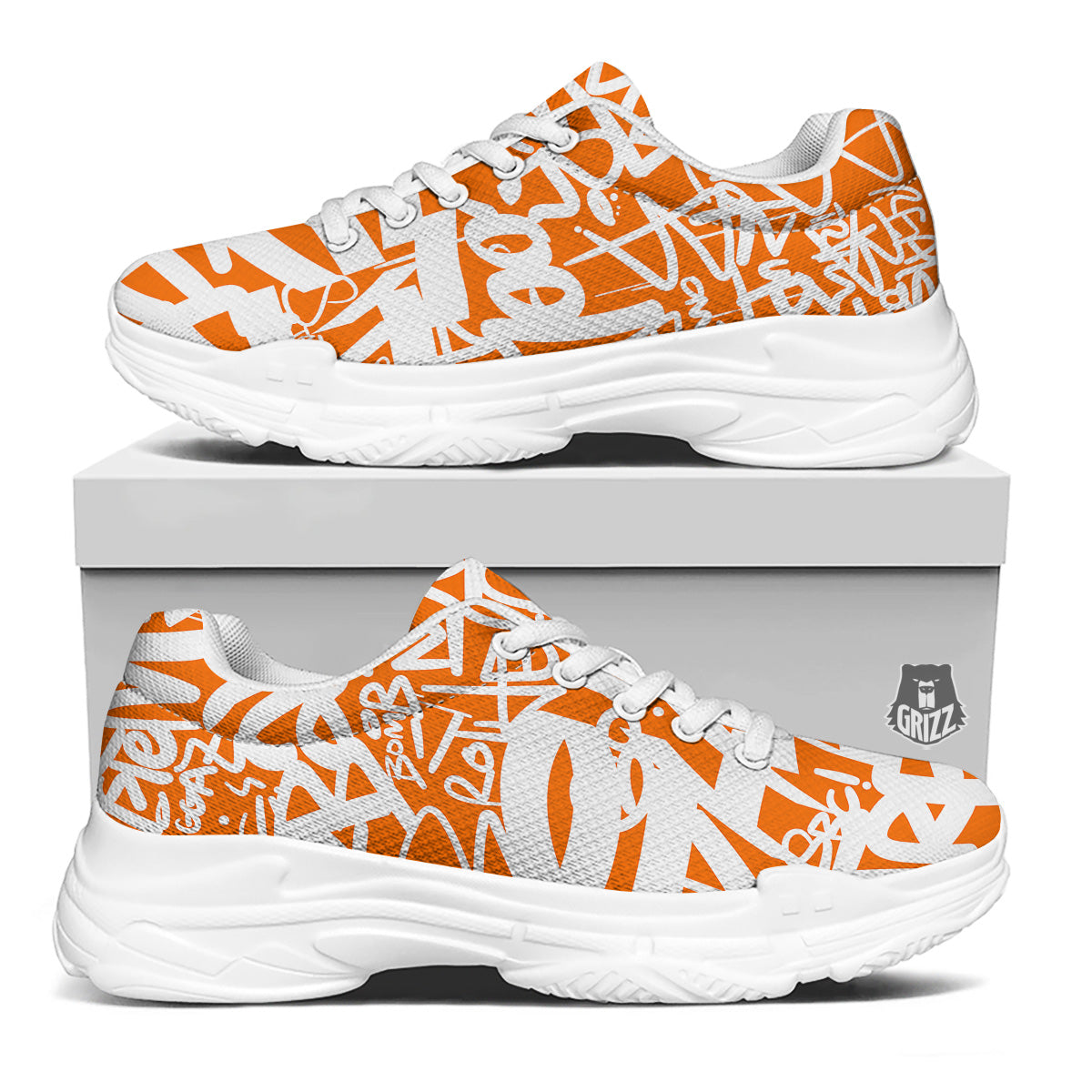 Orange Urban Graffiti Text Print Pattern White Chunky Shoes-grizzshop