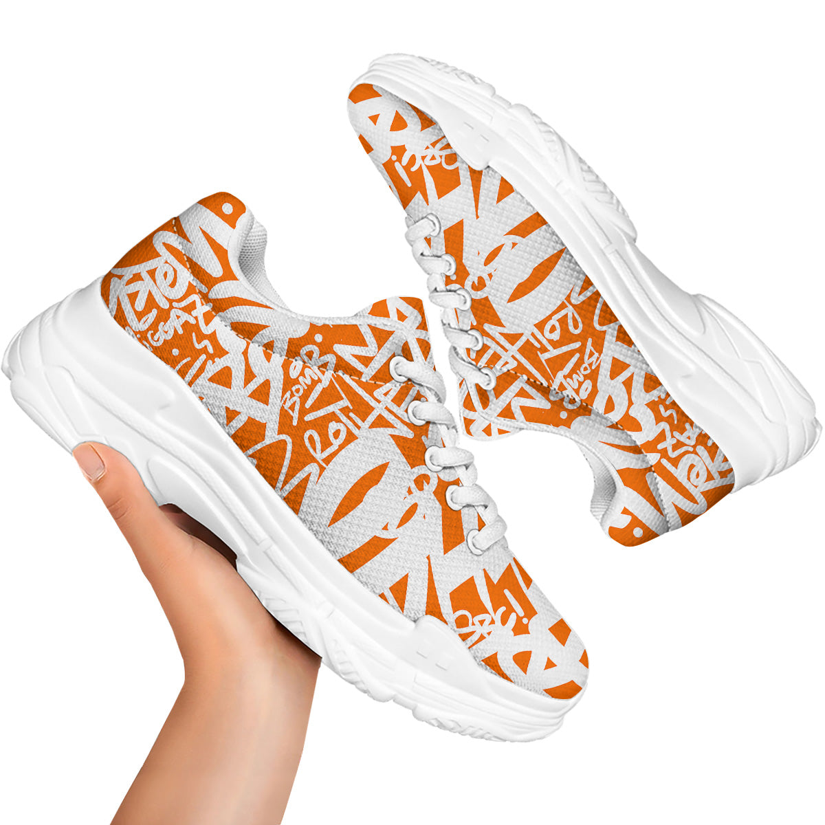 Orange Urban Graffiti Text Print Pattern White Chunky Shoes-grizzshop