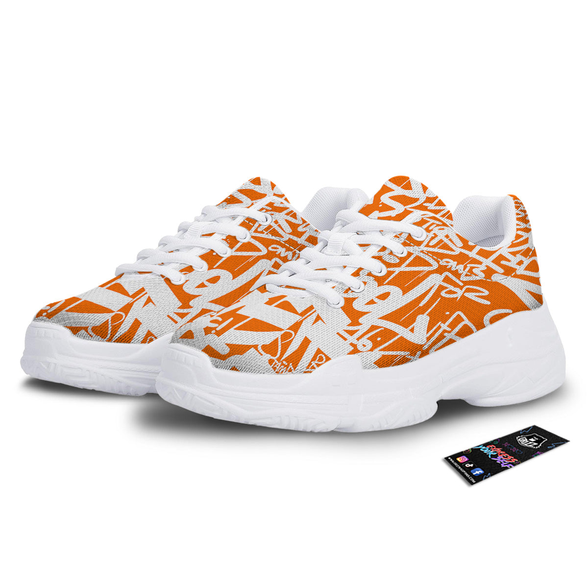 Orange Urban Graffiti Text Print Pattern White Chunky Shoes-grizzshop