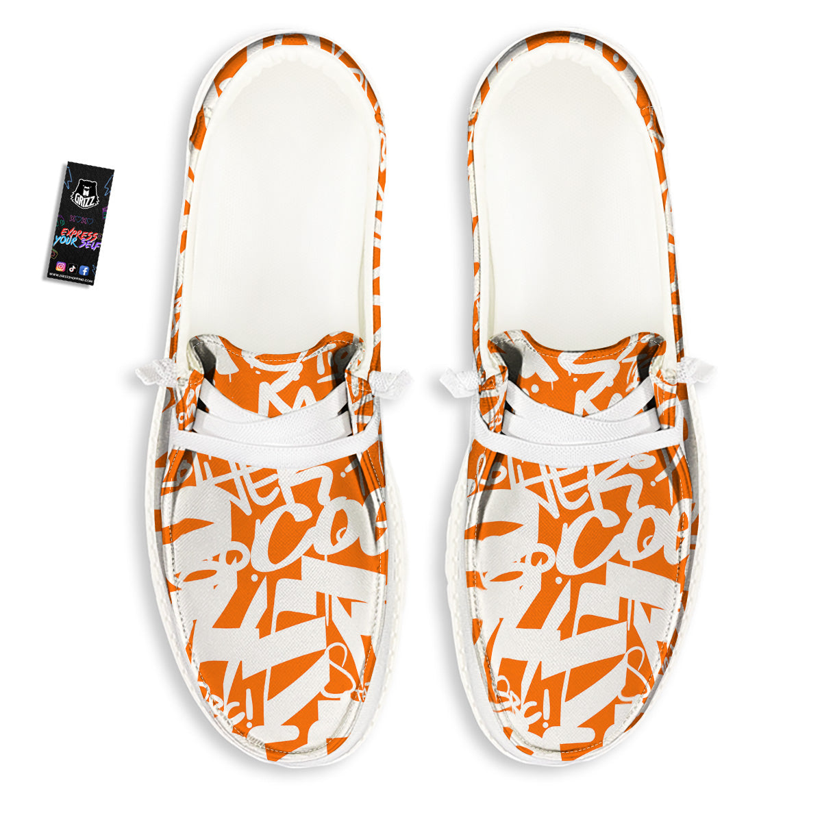 Orange Urban Graffiti Text Print Pattern White Loafers-grizzshop