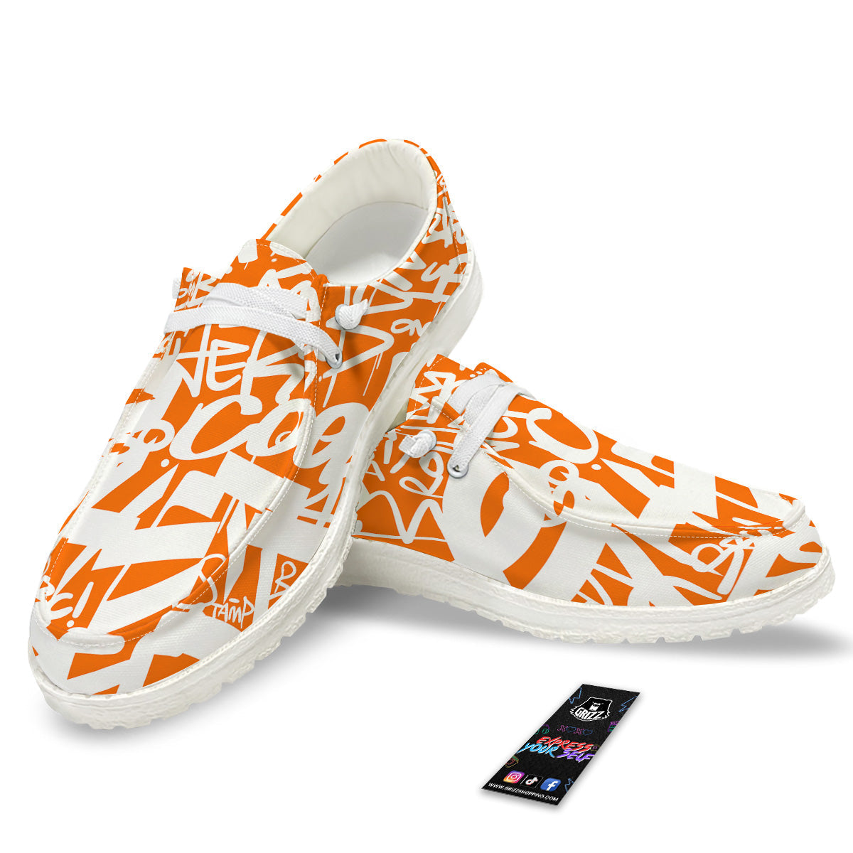 Orange Urban Graffiti Text Print Pattern White Loafers-grizzshop