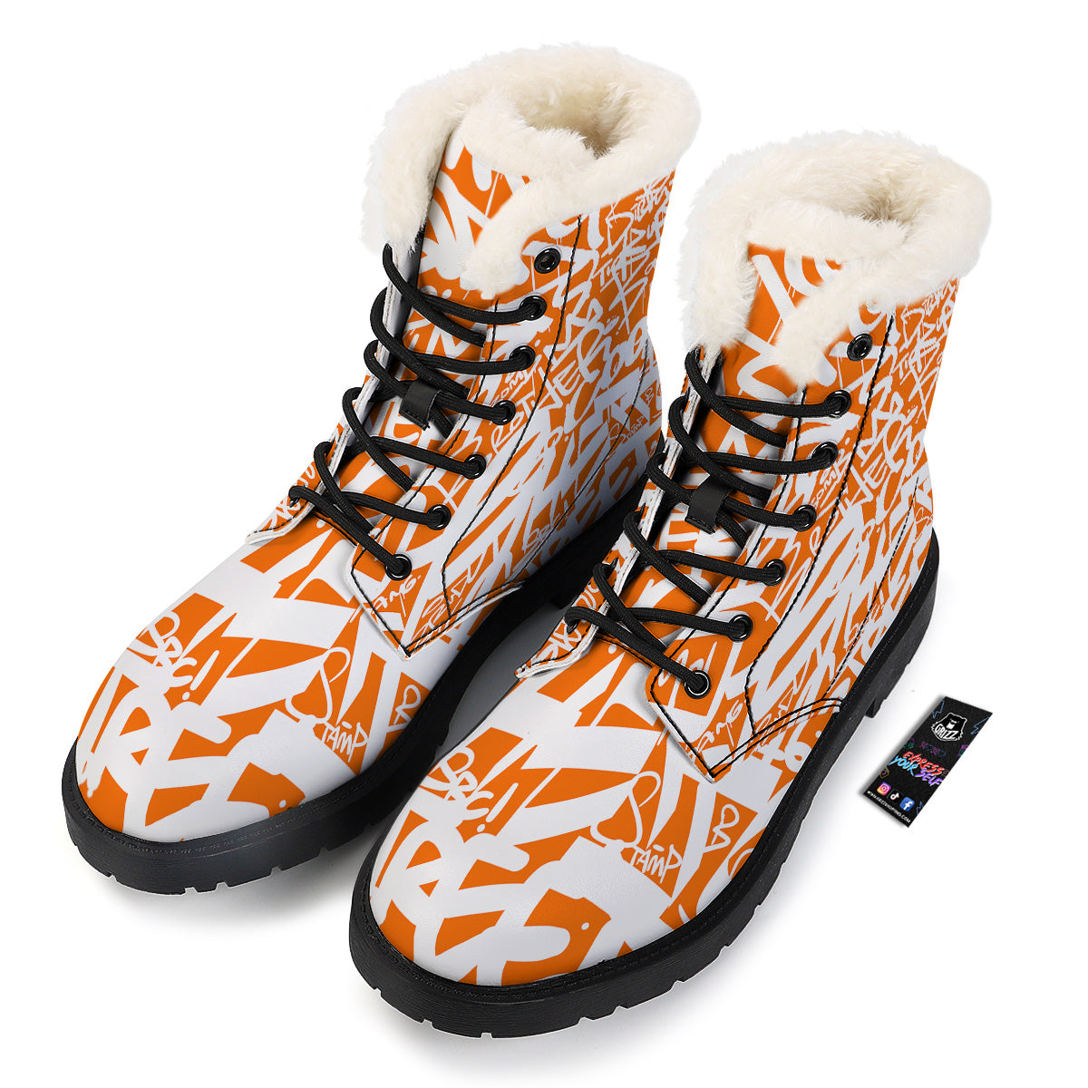 Orange Urban Graffiti Text Print Pattern Winter Boots-grizzshop