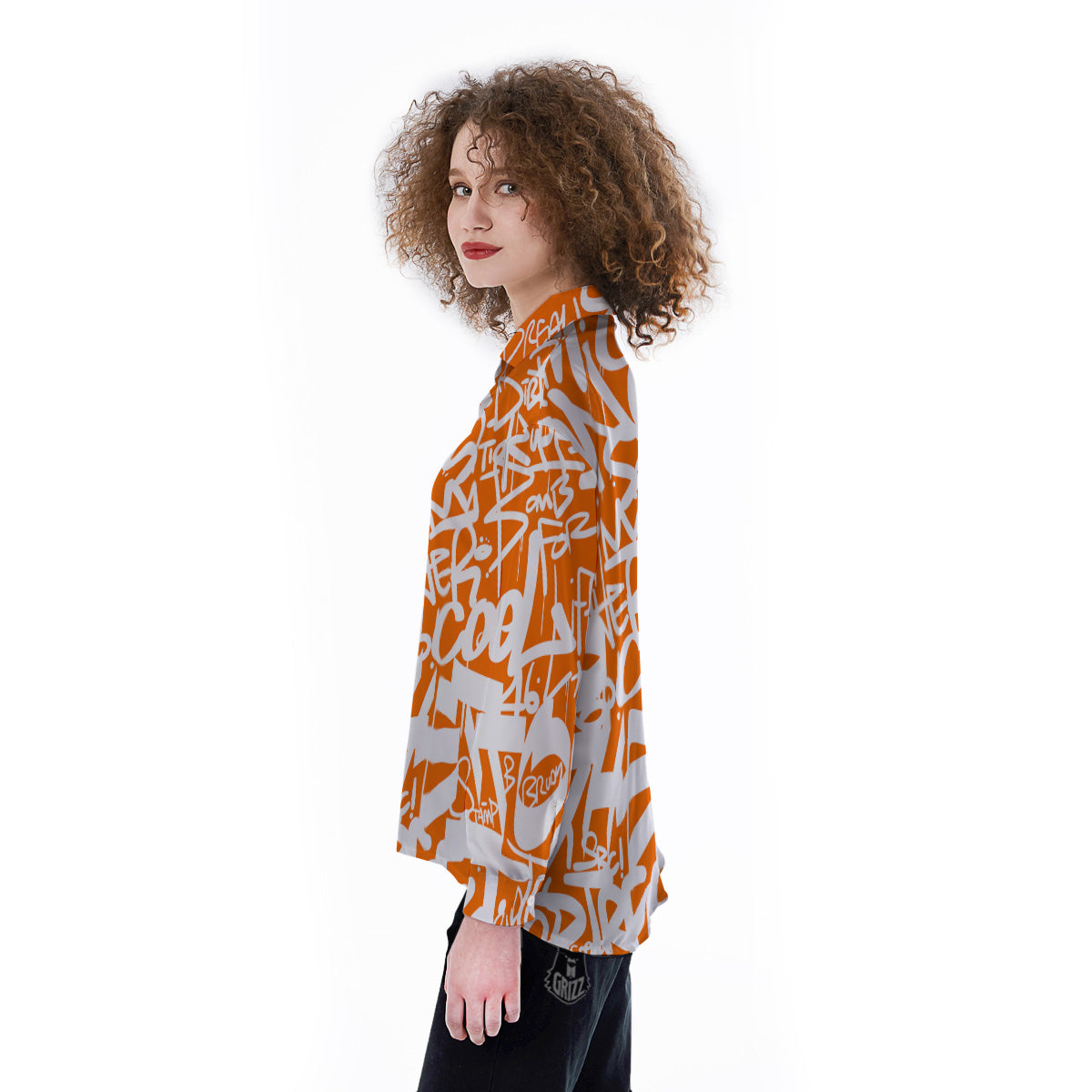 Orange Urban Graffiti Text Print Pattern Women's Long Sleeve Shirts-grizzshop