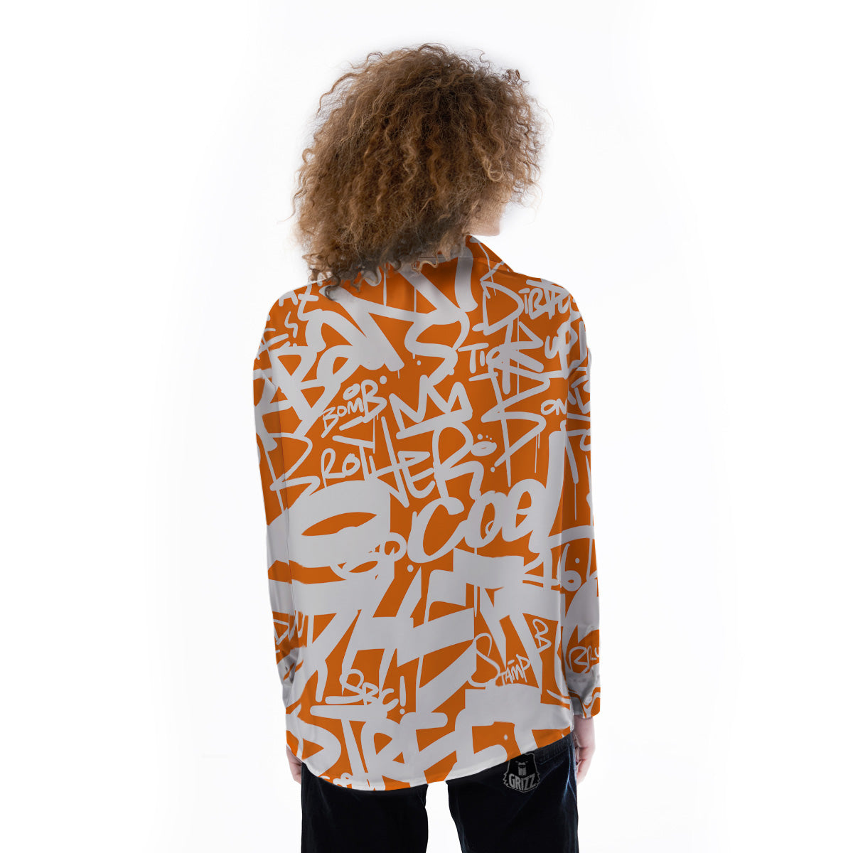 Orange Urban Graffiti Text Print Pattern Women's Long Sleeve Shirts-grizzshop