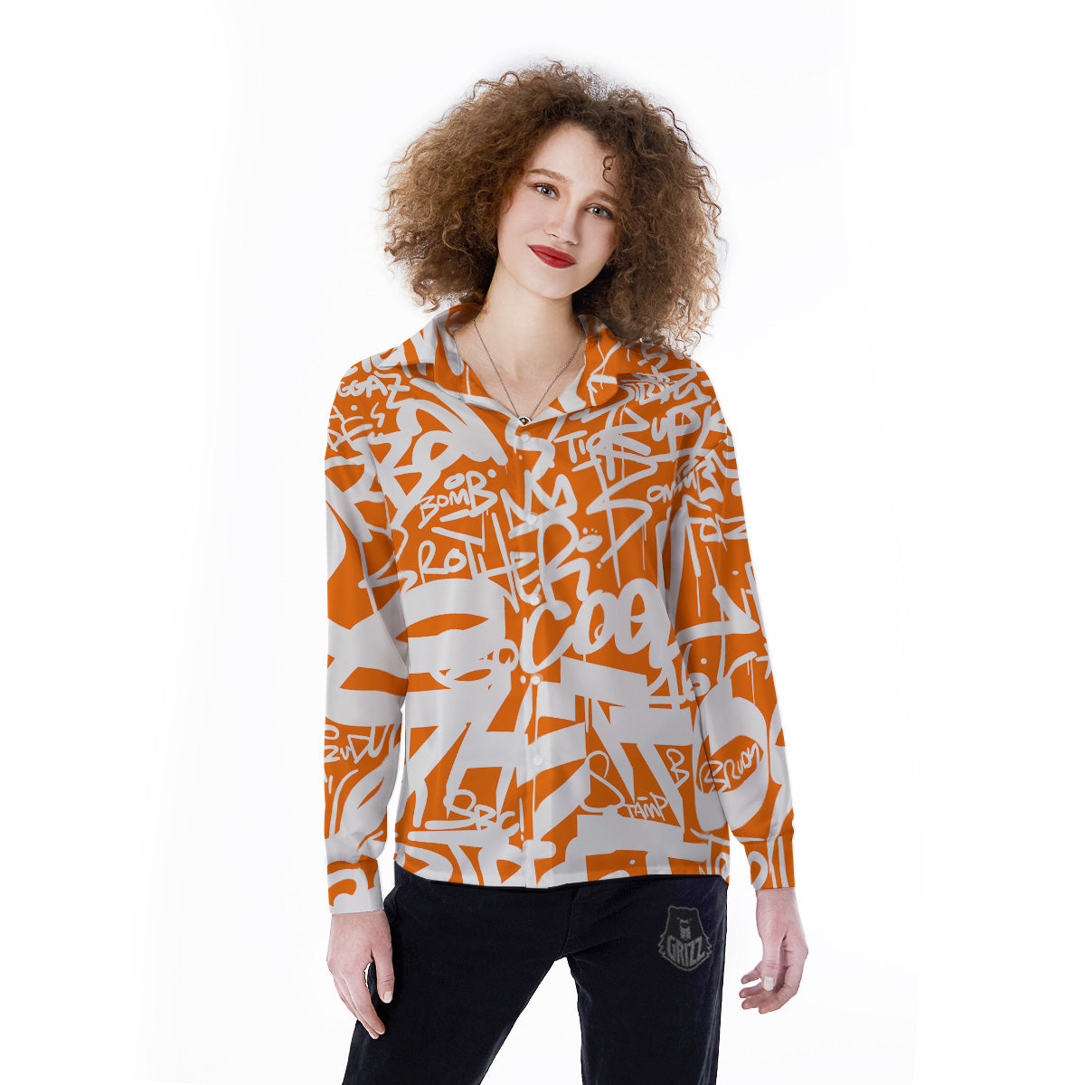 Orange Urban Graffiti Text Print Pattern Women's Long Sleeve Shirts-grizzshop