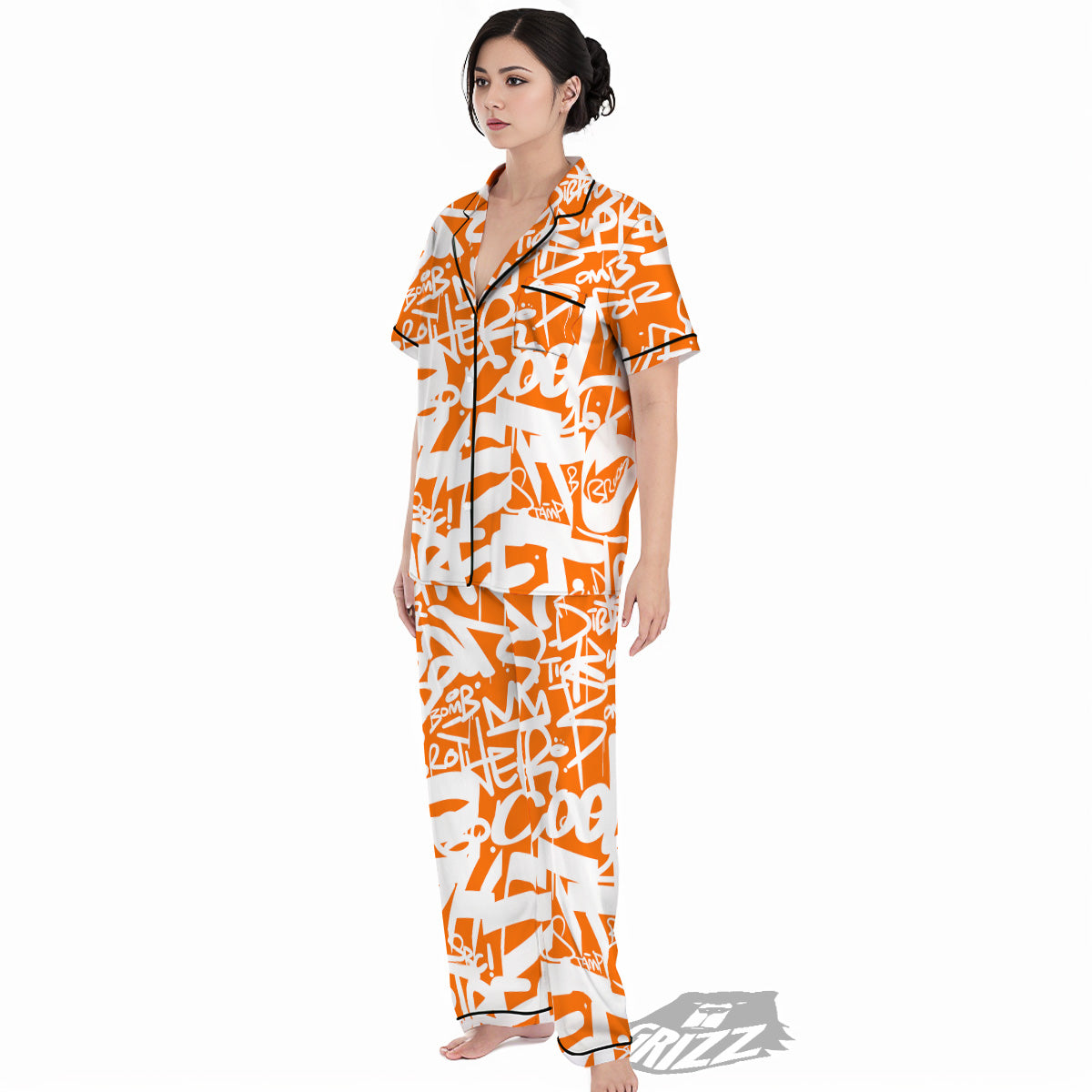 Orange Urban Graffiti Text Print Pattern Women's Pajamas Set-grizzshop