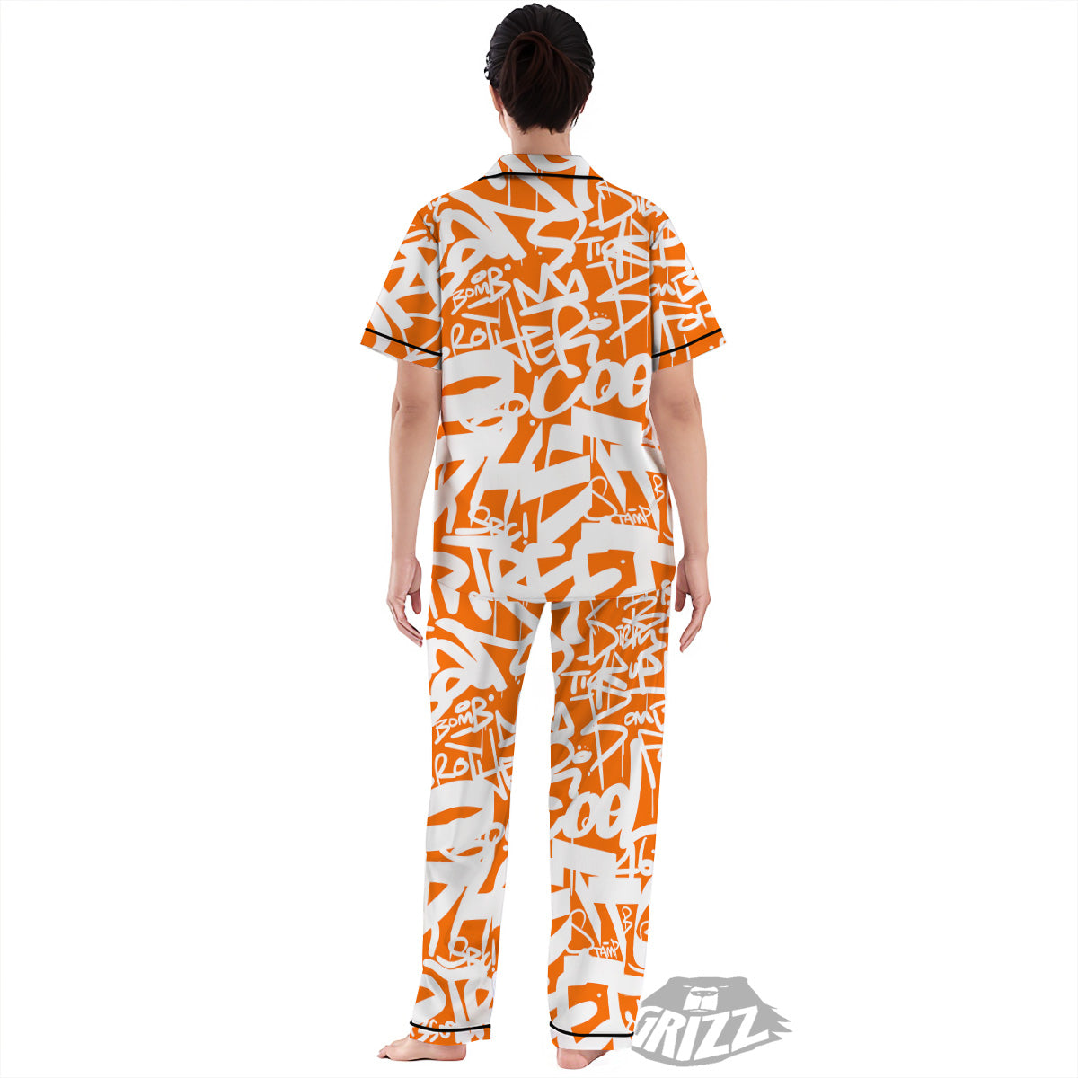 Orange Urban Graffiti Text Print Pattern Women's Pajamas Set-grizzshop