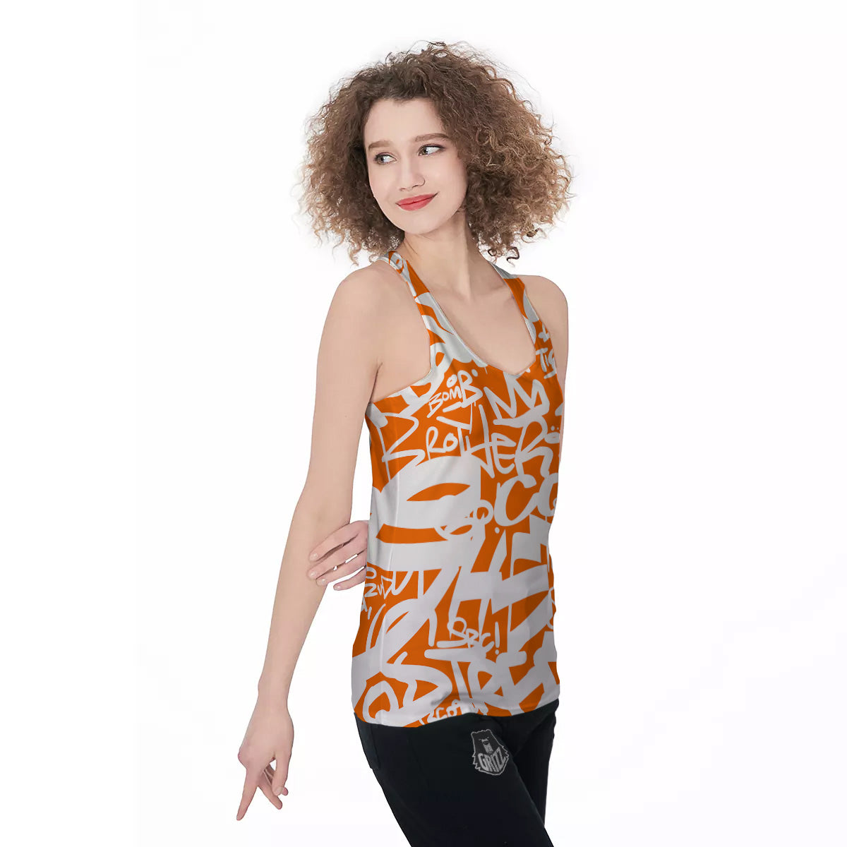 Orange Urban Graffiti Text Print Pattern Women's Racerback Tank Top-grizzshop