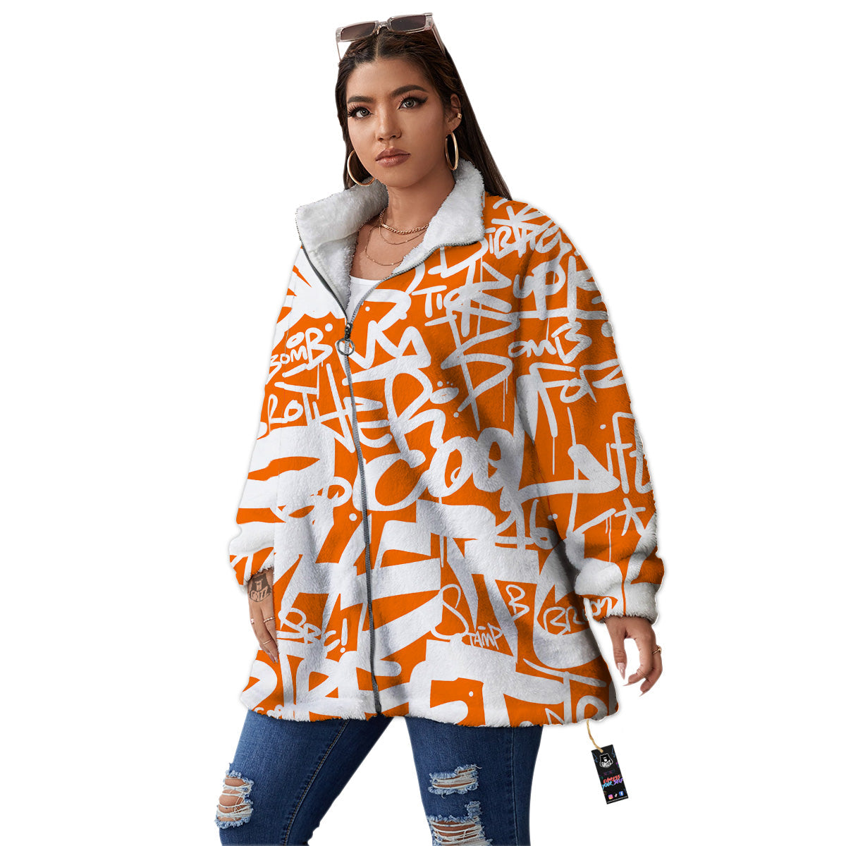 Orange Urban Graffiti Text Print Pattern Women's Sherpa Jacket-grizzshop