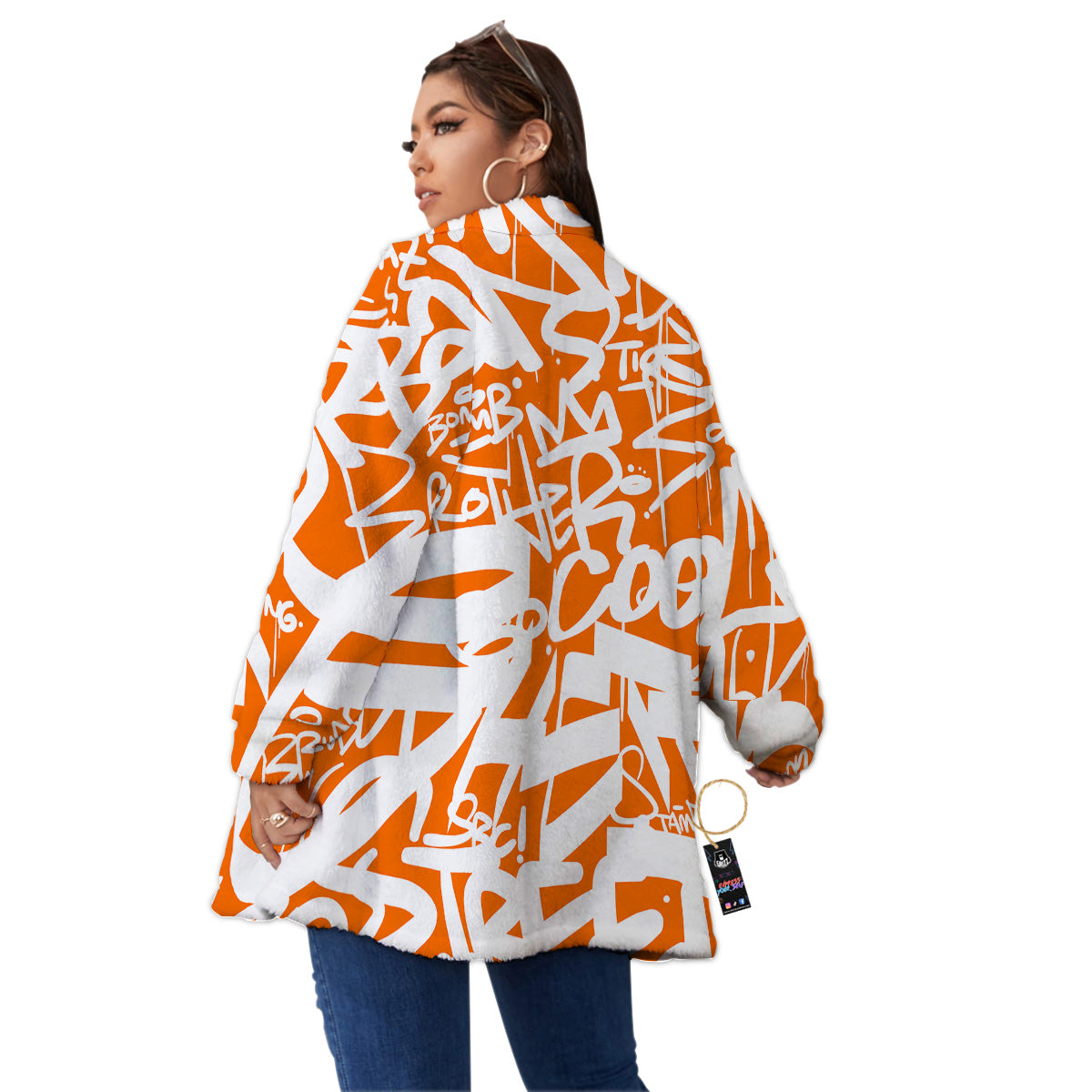 Orange Urban Graffiti Text Print Pattern Women's Sherpa Jacket-grizzshop