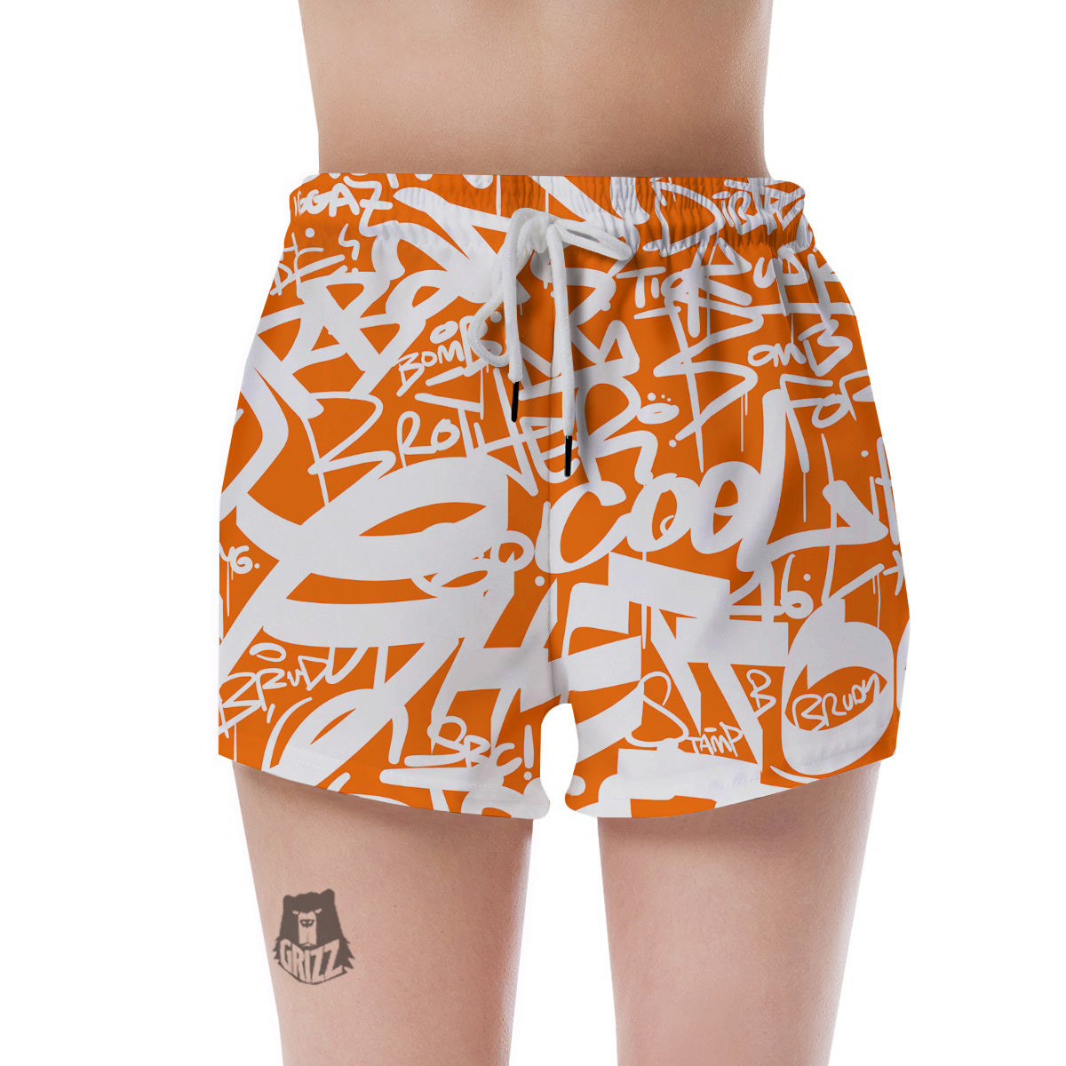 Orange Urban Graffiti Text Print Pattern Women's Shorts-grizzshop